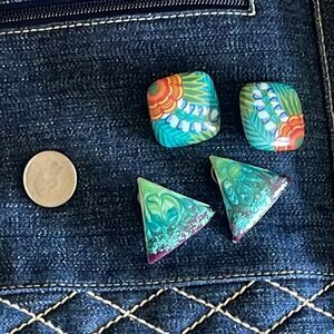 Turquoise and green vintage triangle and square pierced and clip on earrings